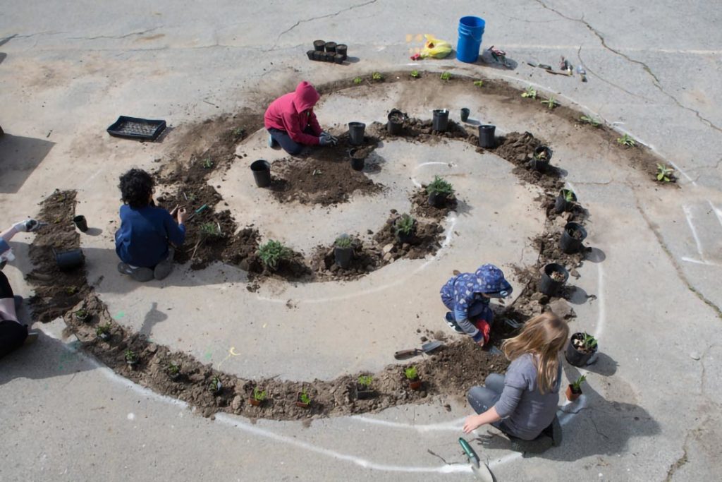 Three children and one adult work on putting new plants into a spiral design cut into asphalt.