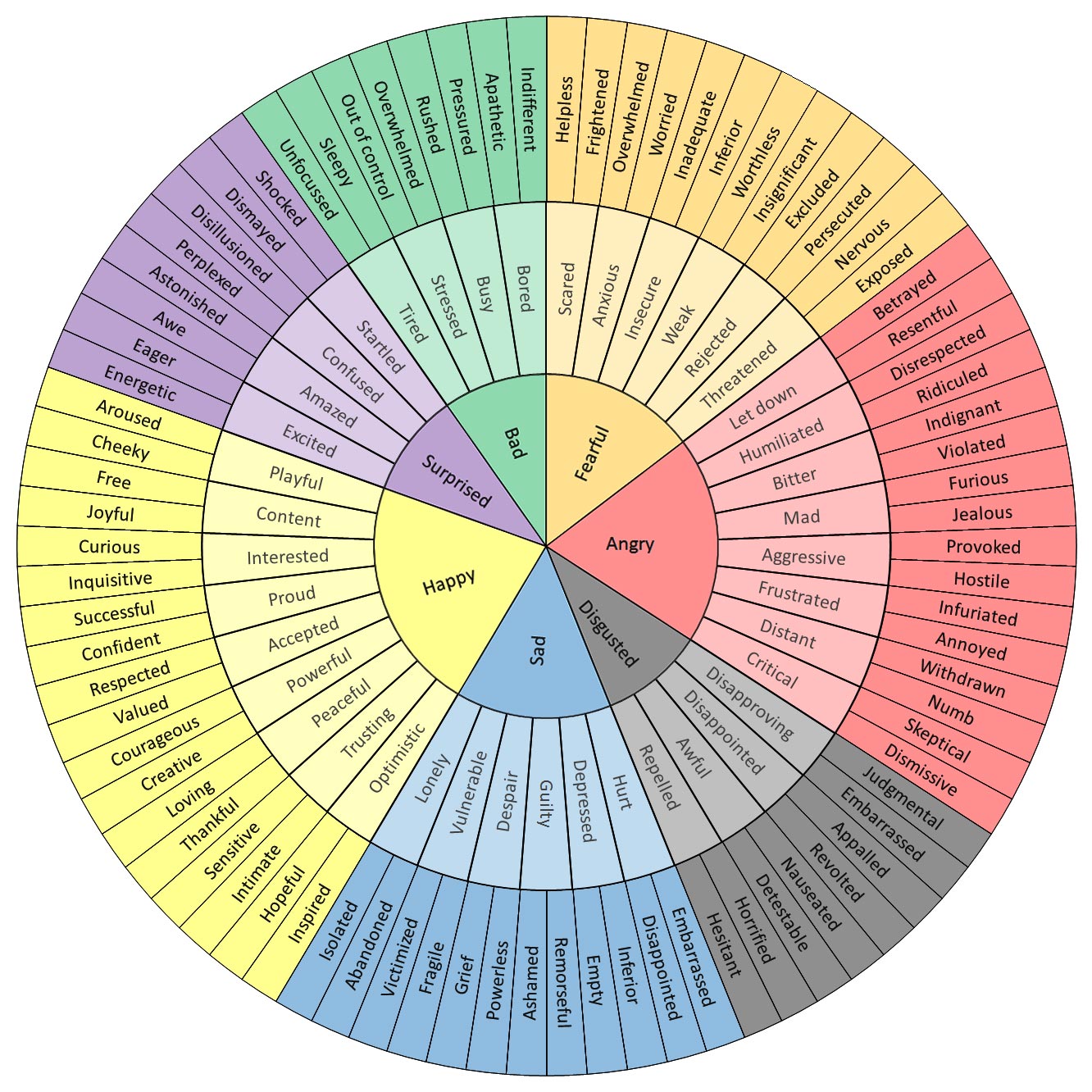 A range of emotions arranged by intensity