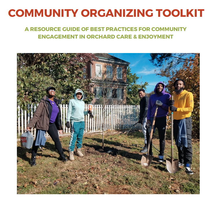 A screenshot of the cover of POP's Community Organizing Toolkit, which shows a group of smiling volunteers outside the fence of Woodford Mansion, shovels in hand. It is fall and the leaves are starting to change, and the volunteers are all wearing sweatshirts or longsleeve shirts.