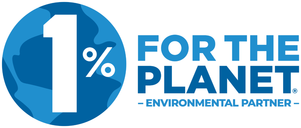1% for the Planet logo - Environmental Partner - the "1%" is superimposed over a planet containing two shades of blue. 