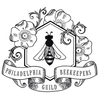 Philadelphia Beekeepers Guild logo, a crest with a bee in the center, surrounded by flowers
