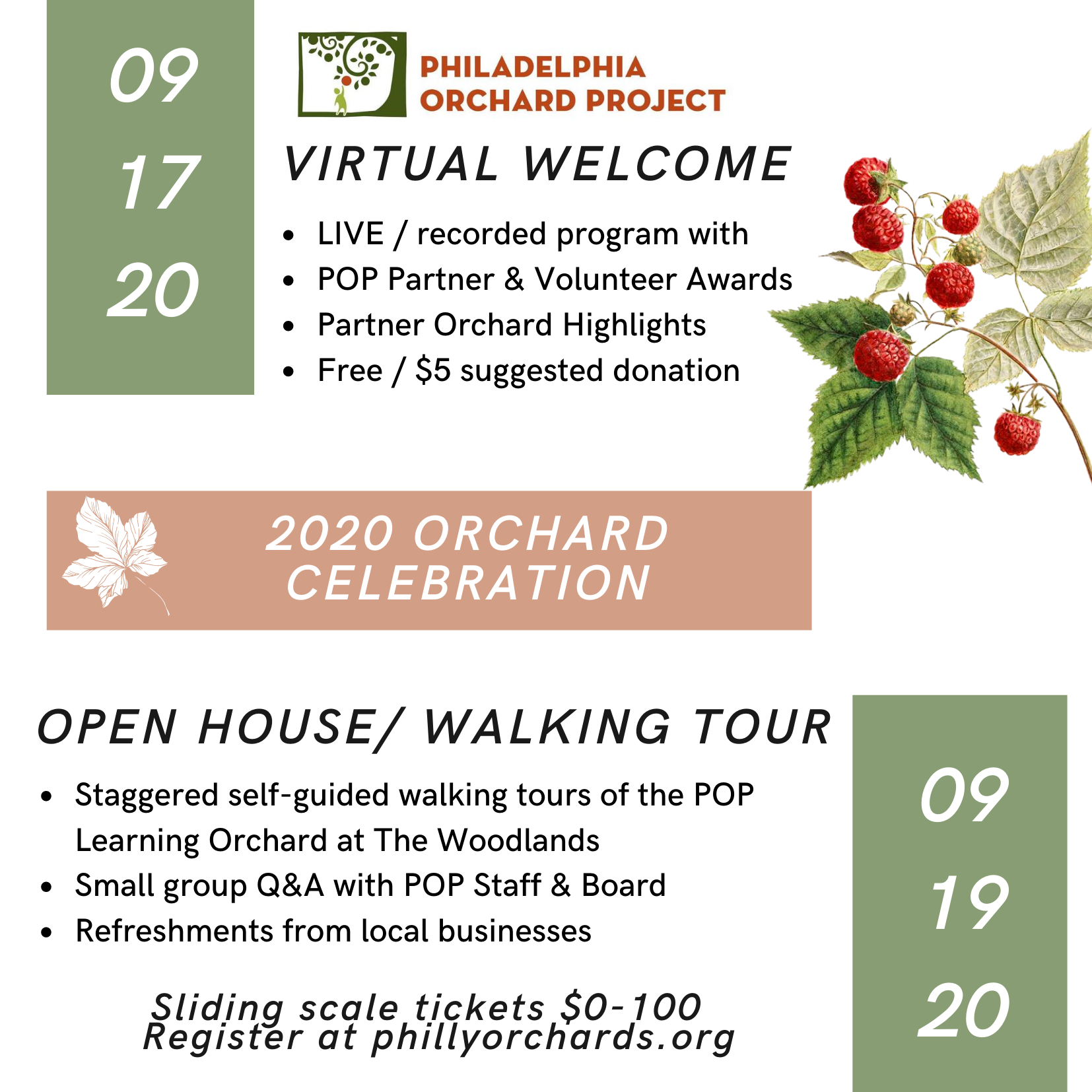A design file containing the details of the POP open house orchard celebration, with botanical raspberry art