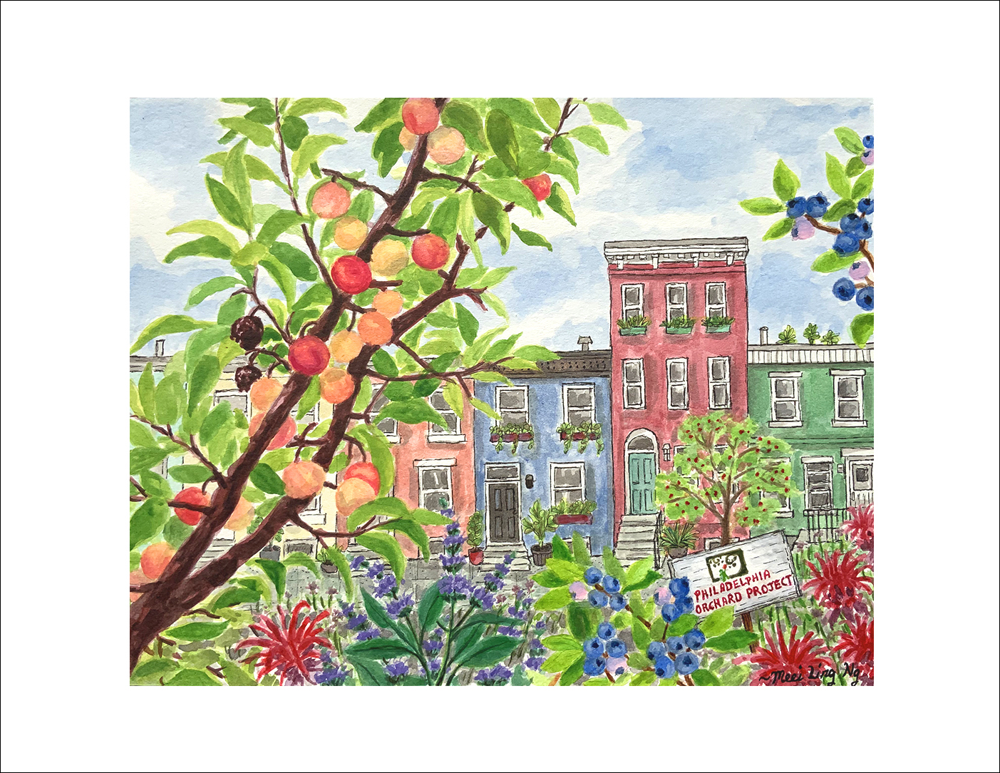 An acrylic/watercolor painting depicting an urban orchard with rowhouses in the background